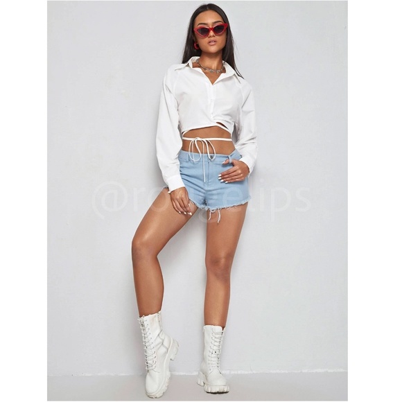 White Crop Button Up Down Was it Ties Long Sleeve Collared Shirt - Picture 4 of 7